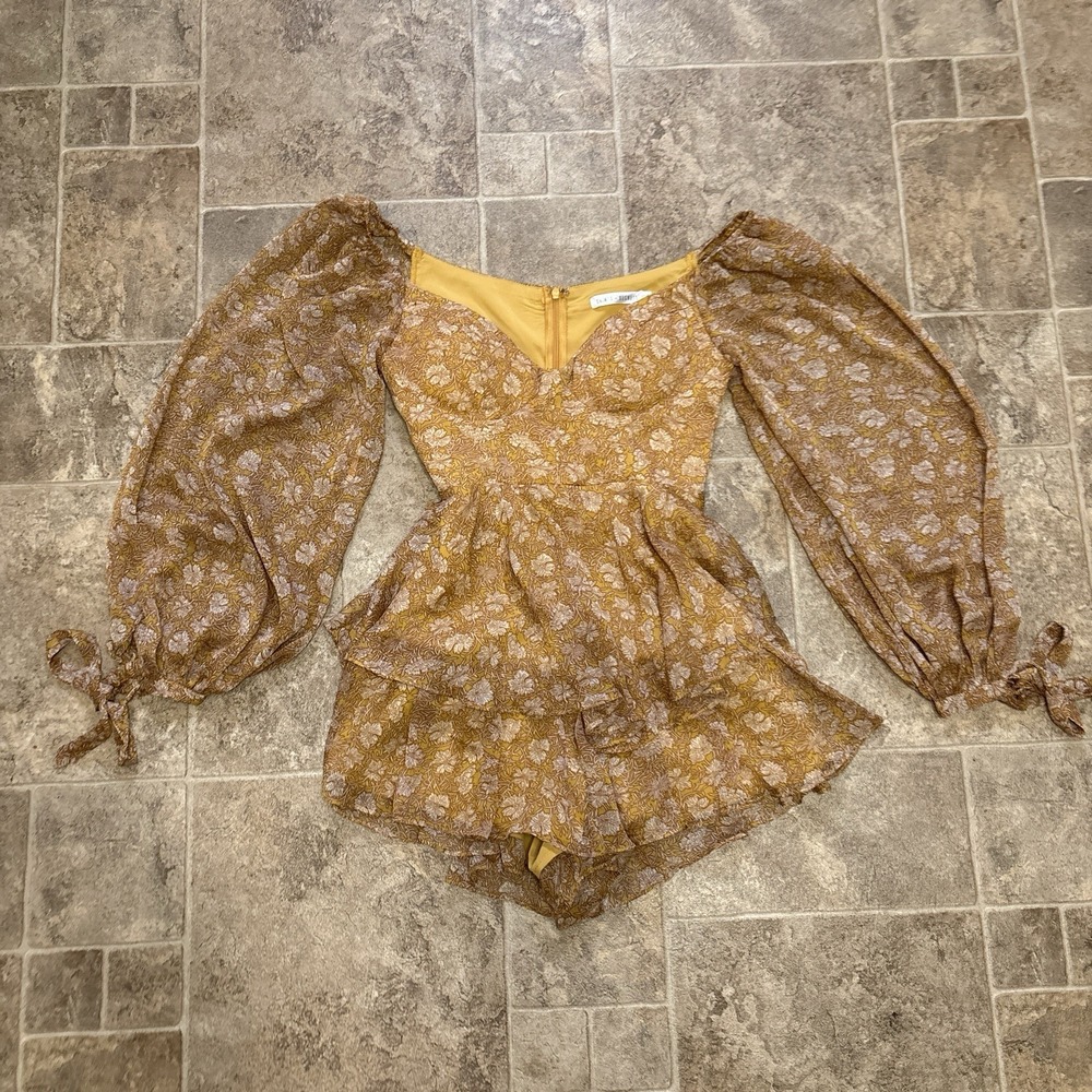 Saints + Secrets Floral Romper Small Autumn Mustard Fall Ruffles V-neck Jumpsuit